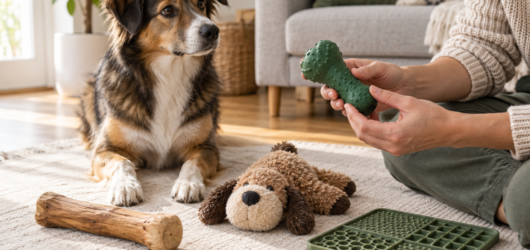 Eine Person prüft Kauspielzeug, während ein Hund ruhig daneben wartet.