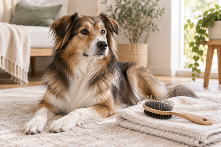 Ein langhaariger Hund liegt ruhig neben einer Fellbürste und gefalteten Handtüchern.