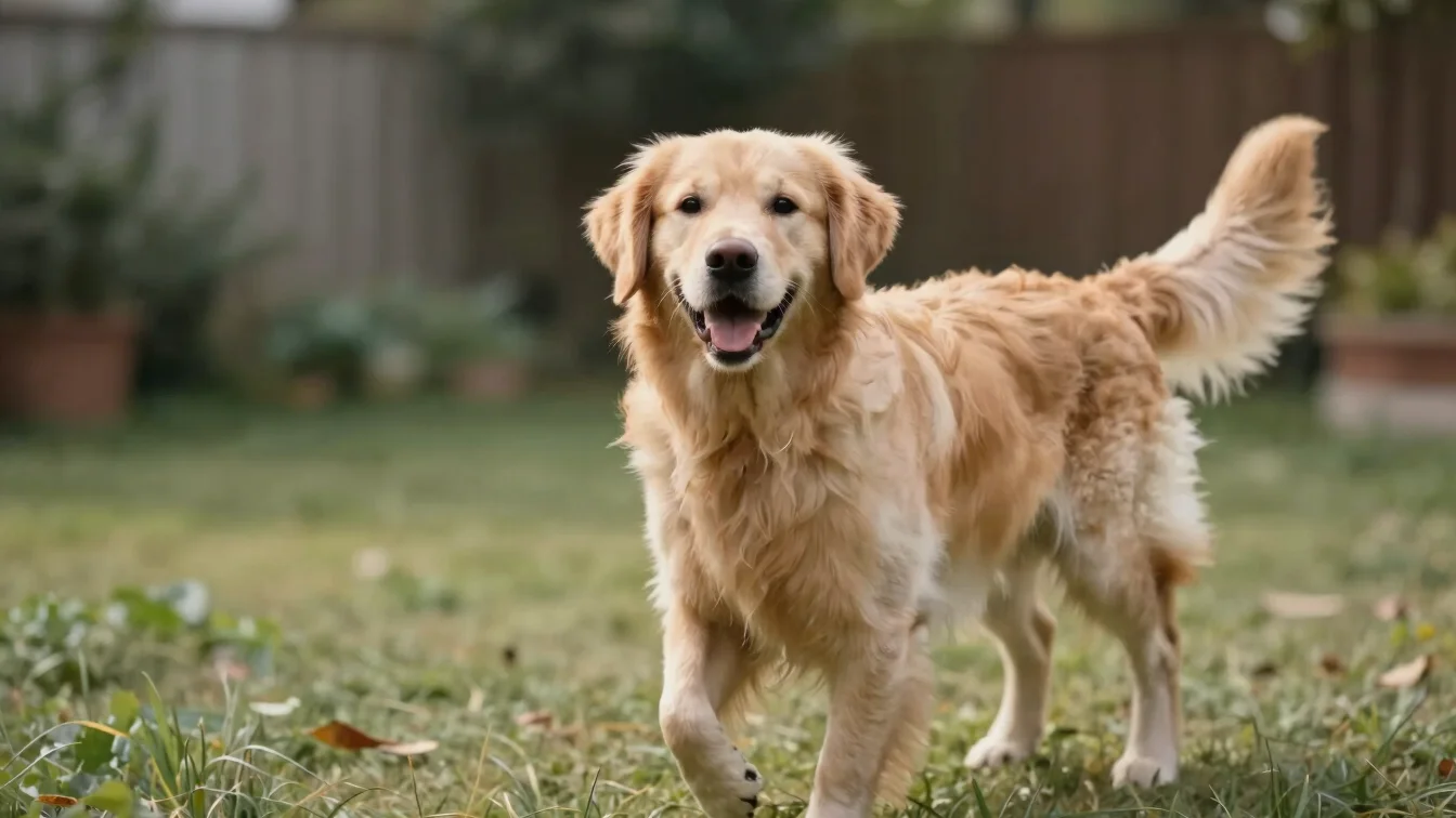 Golden Retriever läuft aufmerksam durch einen Garten.