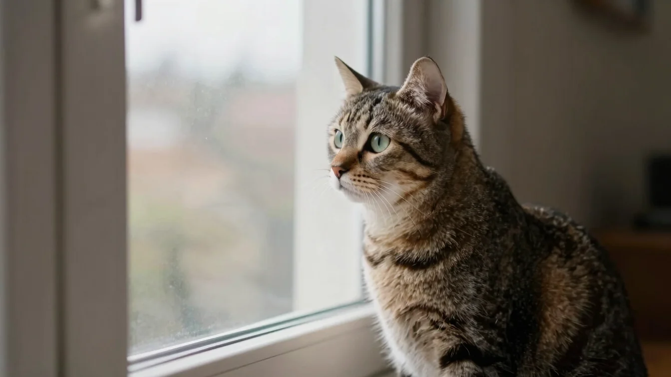 Katze sitzt aufmerksam an einem hellen Fenster.