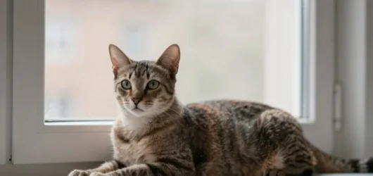 Katze ruht an einem hellen Fensterplatz.