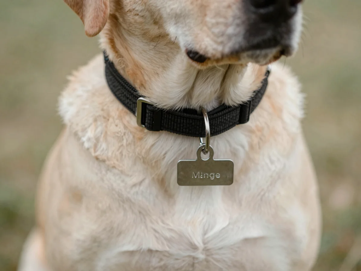 Ein Hundehalsband mit graviertem Namensanhänger im natürlichen Licht.