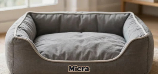 Ein graues Hundebett steht in einem hellen Wohnraum.