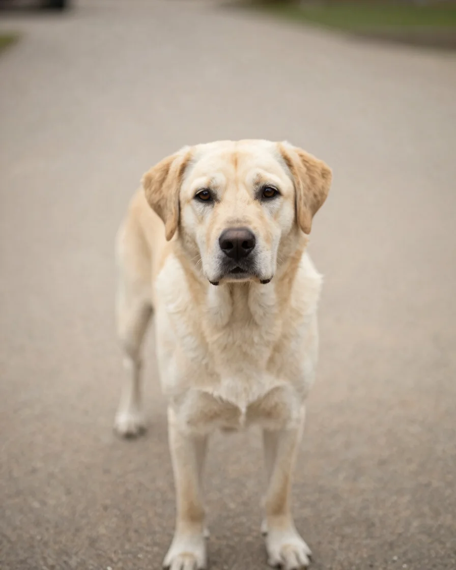 Ein gesunder Hund steht aufmerksam im Freien.