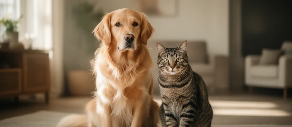 Ein Hund und eine Katze sitzen gemeinsam in einem hellen Wohnraum.