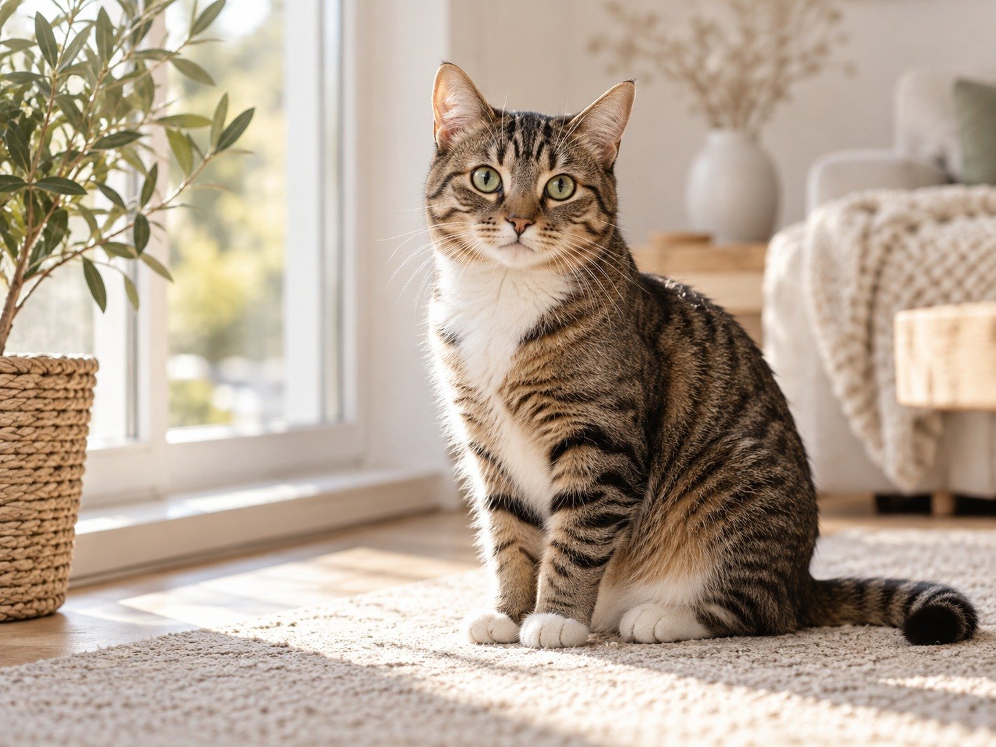 Eine getigerte Katze sitzt in einem hellen Wohnraum am Fenster.