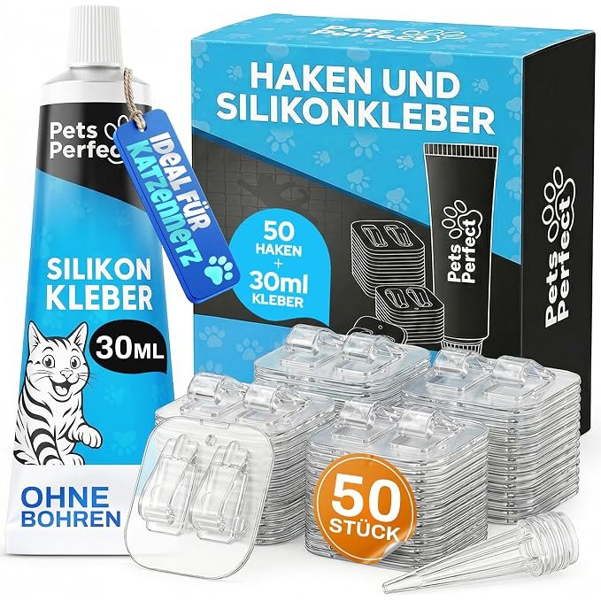 Produktabbildung: Montageset mit 50 Klebehaken und Silikonkleber, ohne Netz