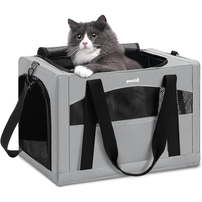 Produktabbildung: Faltbare Katzentransportbox mit Mesh-Fenstern, grau